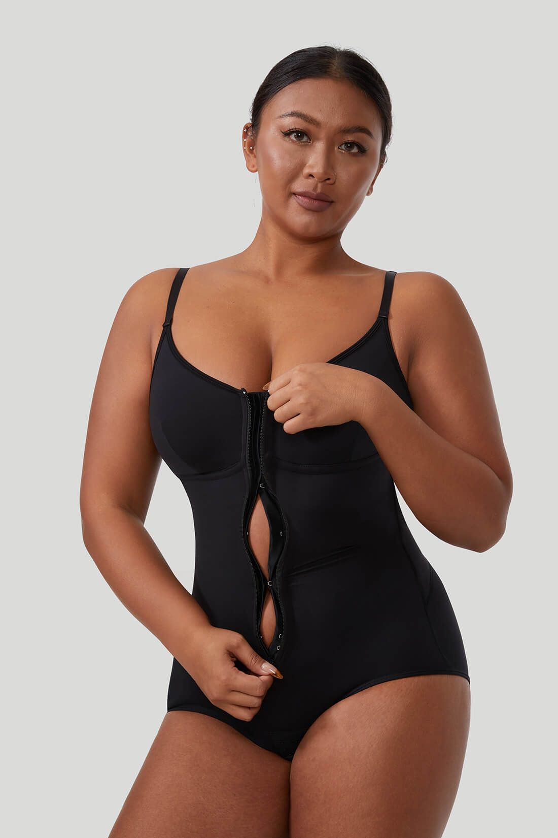 Solid Color Zipper Seamed Shapewear Bodysuit