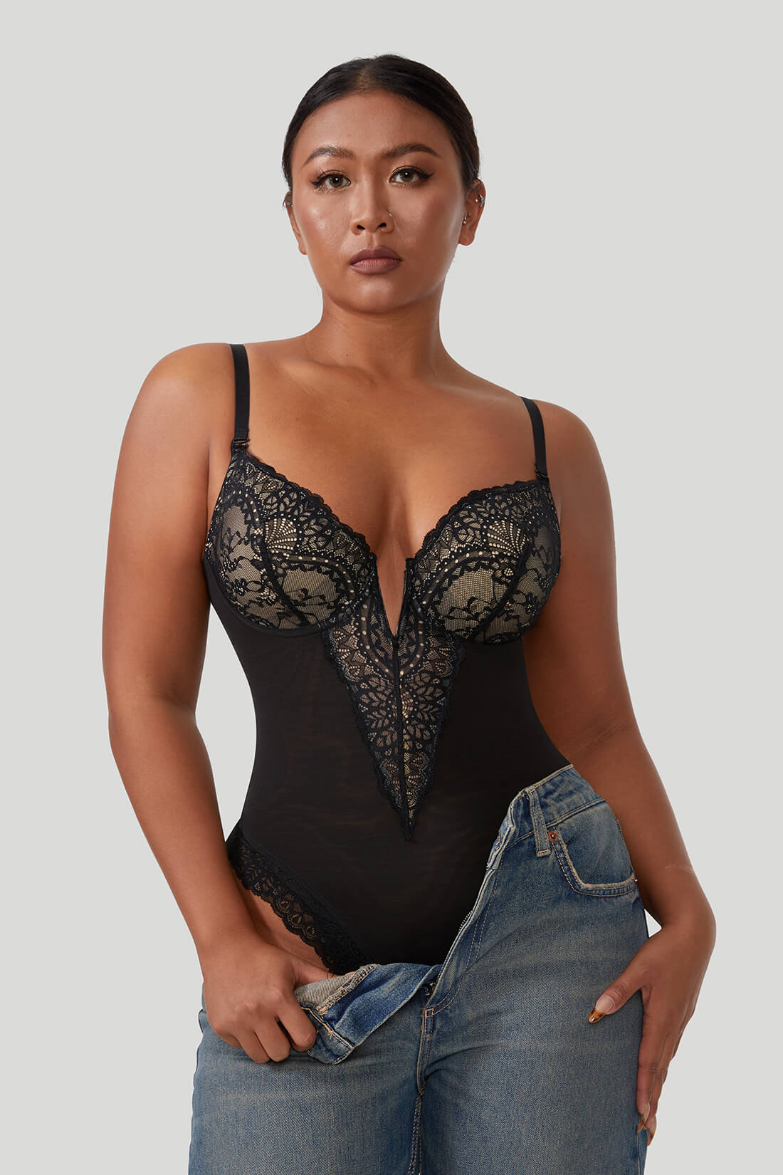 Lace Deep-V Shapewear Bodysuit