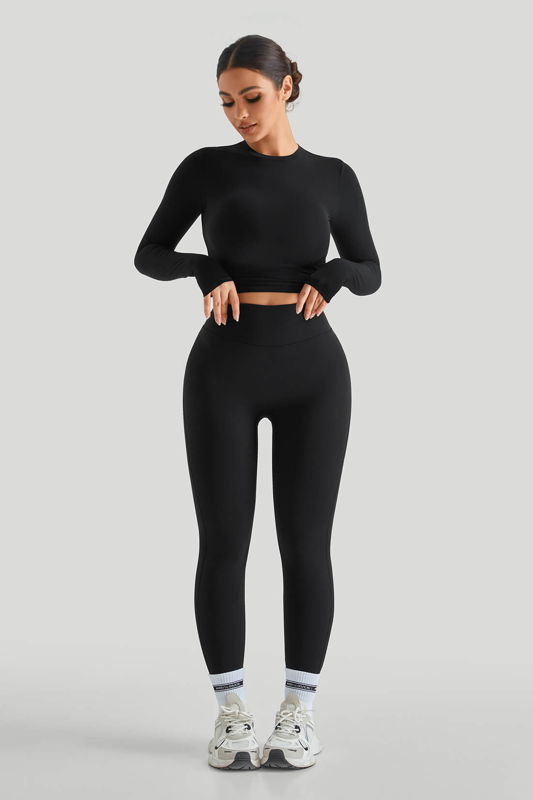 Round Neck Top Match High Waisted Leggings With Pockets