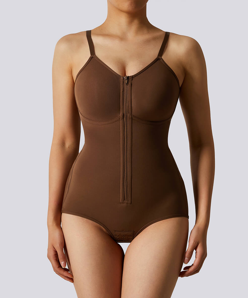 Solid Color Zipper Seamed Shapewear Bodysuit